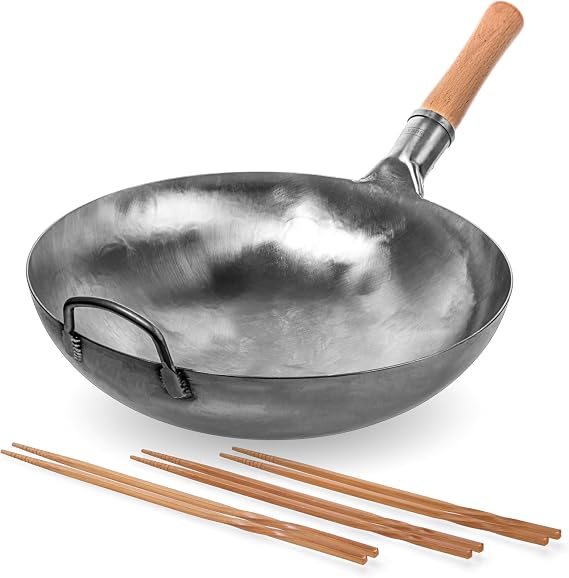 YOSUKATA Silver Round Bottom Pan Stir Fry Pans For Cooking - Chinese Hammered Pow PLUS Reusable Natural Wooden Long Cooking Chopsticks Set of 3 pairs: 11.8 inch, 13-inch, 14.2 inch