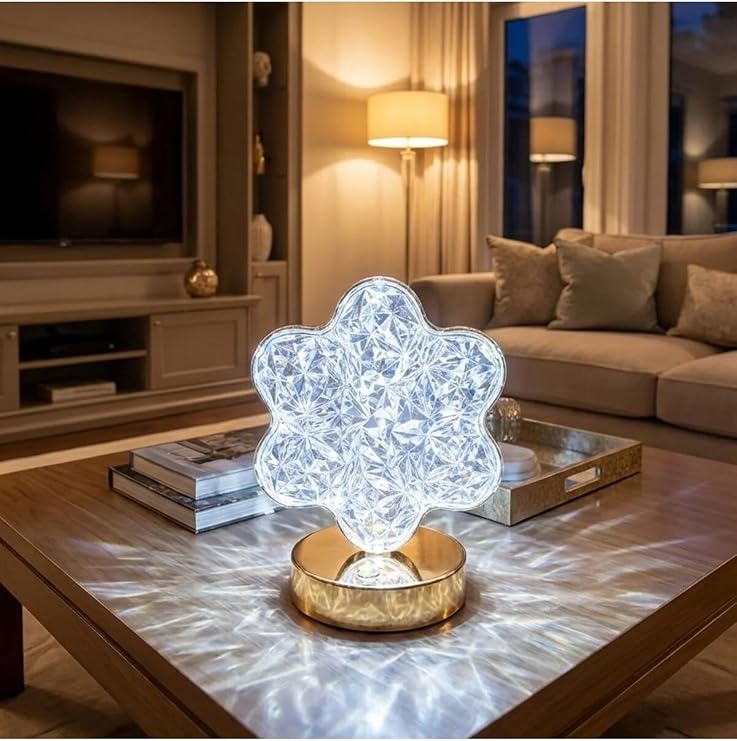 Çiçek Model Kristal Led – Dokunmatik, 3 Renk Işık Modlu, Şarjlı Mini Dekoratif Gece Lambası