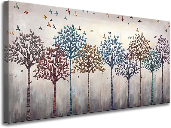 iHAPPYWALL Large Abstract Tree And Birds Canvas Wall Art Flying Birds over Colorful Forest Picture Print on Canvas Stretched and Framed For Living Room Bedroom Office Decor 24x48inch