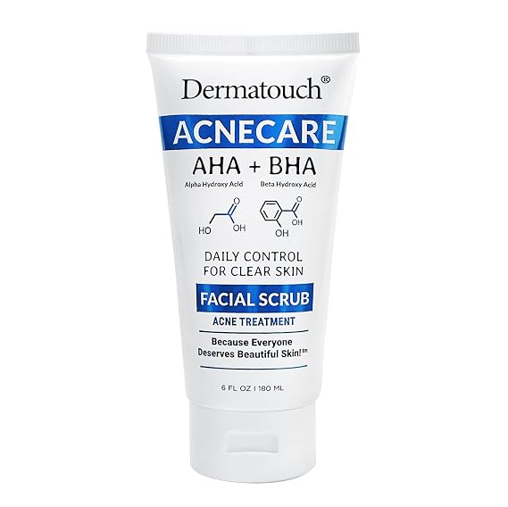 Dermatouch Acnecare Facial Scrub, Daily Exfoliating AHA and BHA Face Cleanser With Salicylic Acid, Vitamin C & E, Coconut Oil, and Olive Oil for Acne Prone Skin, Clean Skin Care, Made in USA, 6 Fl Oz