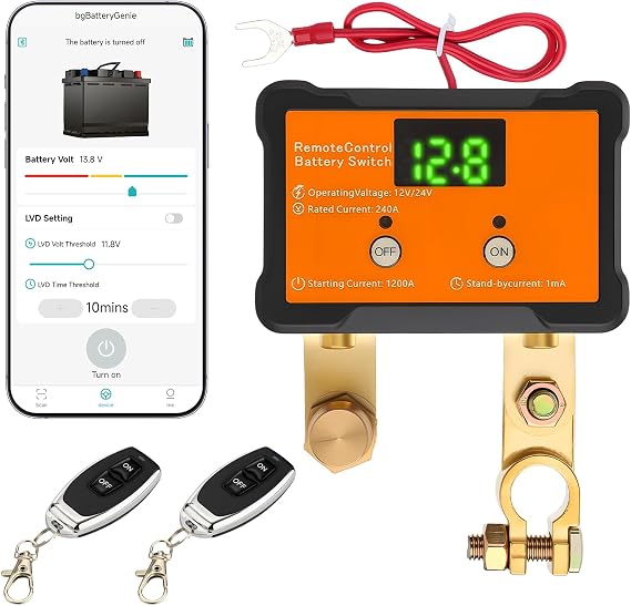 Battery Kill with APP Control 12V 24V 240A Remote Battery Cut Off Switch | Automatic Battery Disconnect Switch with Voltage Display for Car Truck Boat RV Marine Anti-Theft (Flat Mount)