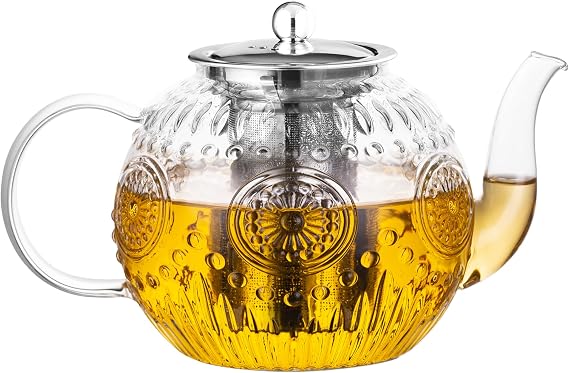 Amzcku 50OZ/1500ml Vintage Glass Teapot with Removable Infuser Stovetop Safe, Borosilicate Glass Tea Kettle for Blooming & Loose Leaf Tea