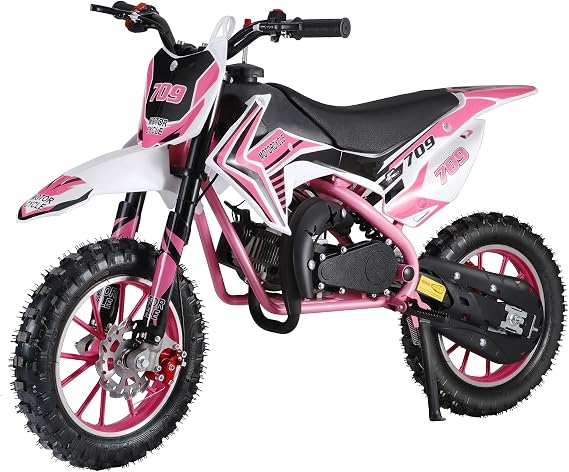 49cc Kids Dirt Bike,2-Stroke Mini Motorcycle,Gas Power Motocross with Off-Road Tires Shock Absorption Springs Seat Cushion Pocket Motorbike with Front Rear Disc Brakes Pink