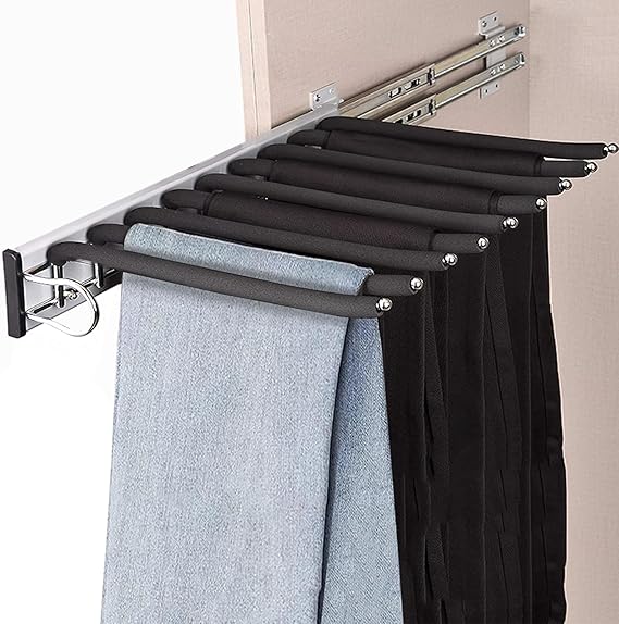 Pull Out Trousers Rack with 9 Arms, Retractable Space Saving Clothes Pants Hanger Rail for Clothes Towel Scarf Trousers Tie 17.95x12.79in (Right Installation)