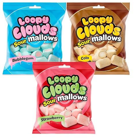 Nordthy Loopy Clouds Sour Marshmallow Mix 3 x 100g - Sour Bubblegum Sour Strawberry & Sour Cola - Sour Marshmallows - Soft Foam Sugar Sweets