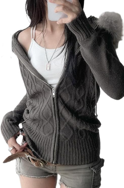 Women Zip Up Knit Hoodies Y2K Long Sleeve Cropped Jacket Coat with Fur Trim Hooded Grunge 00s Sweatshirt(Casual Grey,Medium)