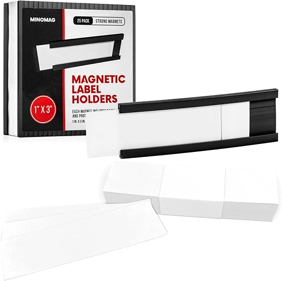 Magnetic Label Holder Bundle | 25pcs 1x3 Inch C Channel Magnetic Labels with 100 White Insert Cards | Organize File Cabinets, Shelves, Toolboxes, Steel Surfaces, and Warehouse Storage
