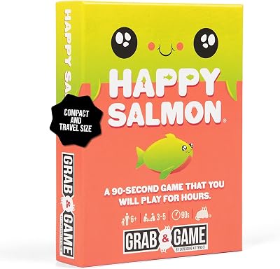 Exploding Kittens Happy Salmon Grab & Game - 3-8 Players - Ages 6 90 Second Rounds - Travel Sized Cards - Easy to Learn Quick Matching - Party, Family Night, Kids and Adults
