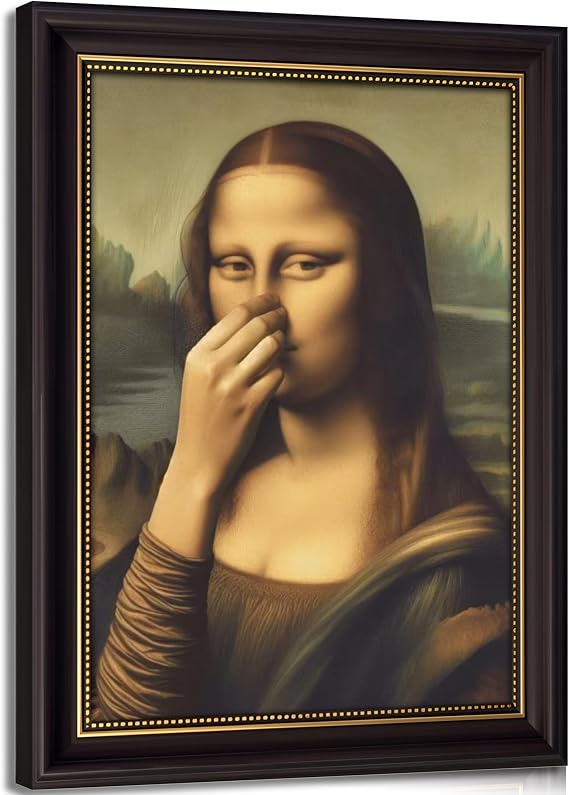 CXKAWM Brown Framed Funny Mona Lisa Holding Nose Bathroom Wall Art 9x11in | Mona Lisa Bathroom Wall Decor Picture Humor Amusing Toilet Poster Print for Restroom Bathroom Home decoration