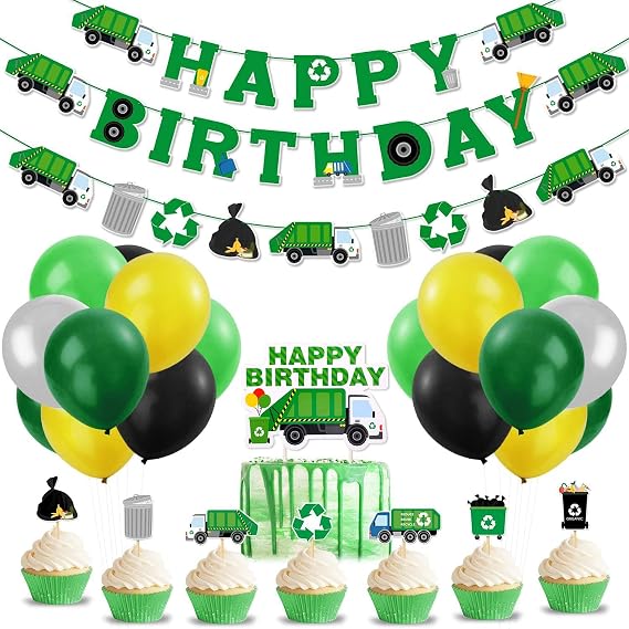 Bessmoso 56 Pcs Garbage Truck Birthday Decoration Trash Truck Birthday Banner, Latex Balloons, Cake Topper, Cupcake Toppers Trash Waste Management Recycling Baby Shower Truck Themed Party Supplies