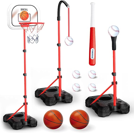 3-IN-1 Kids Basketball Hoop and T Ball Set, Kids Toys for Boys Ages 3-5 6-8