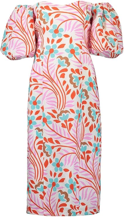 Rhode Women's Karima Linen Puff Sleeve Midi Dress Lago Vine
