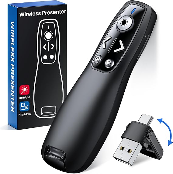 HELLCOOL USB-C Presenter with Laser Pointer & Dual USB-A & USB-C Receiver Plug & Play for Windows 10 11/Mac/Linux/Android PowerPoint/Keynote/Google Slides/PDF 2.4GHz Wireless Volume Control