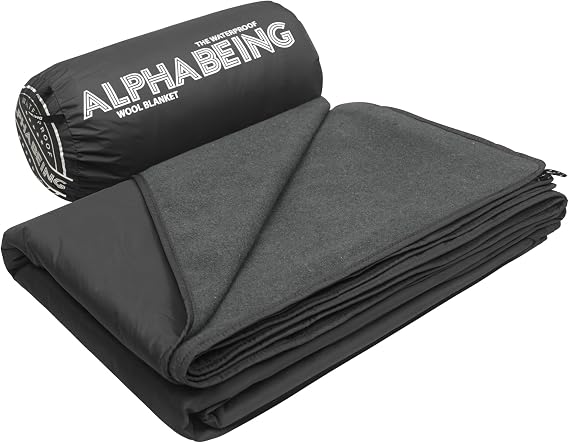 AlphaBeing Waterproof Outdoor Blanket with Merino Wool, Extra Thick Warm | Windproof, Packable Stadium Blankets for Cold Weather, Camping Gift, Pet, Car, Picnic, Concerts, 79" x 59", Black/Gray