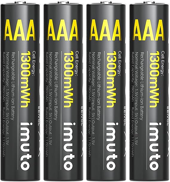 imuto 4 Pack AAA Rechargeable Batteries 1300mWh 1.5V Lithium 1600 Cycles