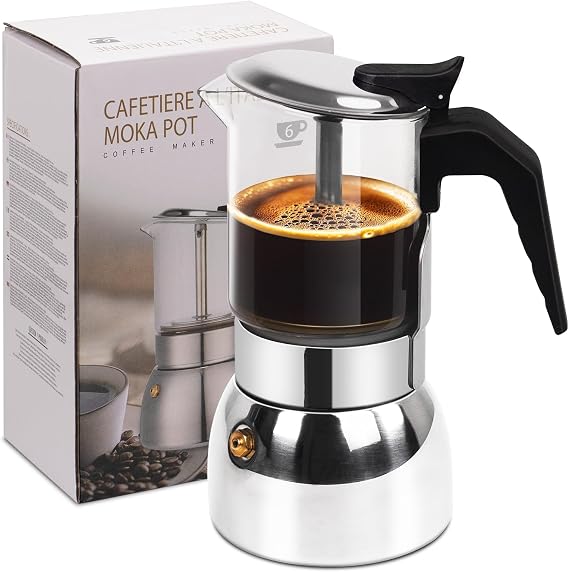 6 Cup Glass Clear Moka Pot Thickened 304 Stainless Steel