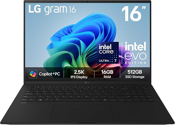 LG gram 16Z90TL - 16 Inch 2.5K IPS Ultra-Lightweight Laptop, Intel Core Ultra 7 256V 47TOPS NPU - EVO Edition, 16GB RAM, 512GB SSD, Windows 11 Home, gram Hybrid AI, Copilot+ PC, Black (2025)