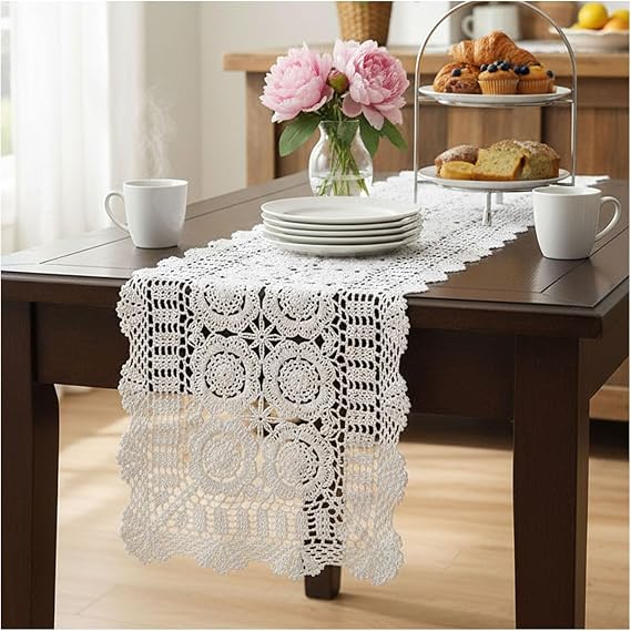 Crocheted Table Runner White Lace 40 x 120 cm M