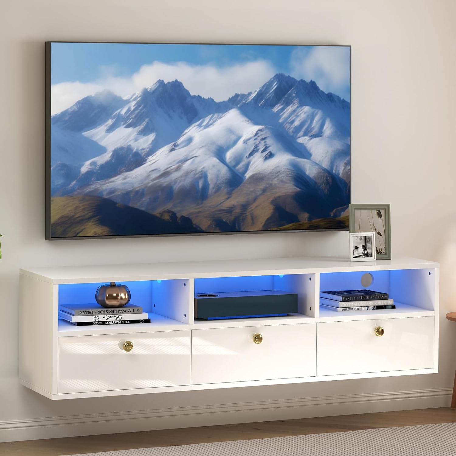 COSVALVE Floating TV Unit, 130cm Wall Mounted TV Cabinet with RGB LED Lights, Media Wall Unit with Open Shelves, Matt Body and High Gloss Doors, White TV Stand with Gold Knobs for Living Room