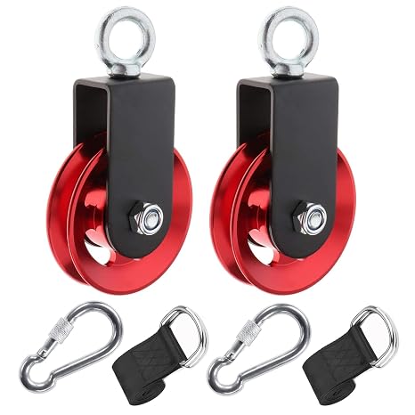 Heavy Duty Lightweight Aluminum Cable Pulleys with Hanging Strap Kit,Snatch Block Pulley Wheel for Home Gyms LAT Pulley System DIY Attachment Home Accessories(Red 2 Pack)