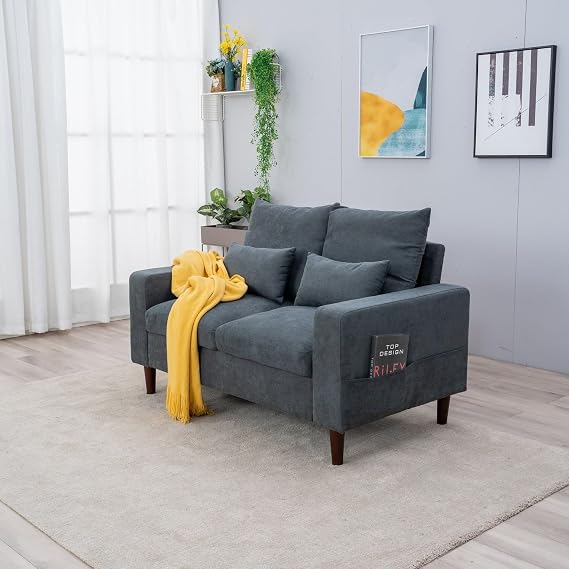 Panana 2 Seater Sofa Loveseat Compact Pillowed Back Linen Fabric Couch,Free 2 Small Cushions (Grey)