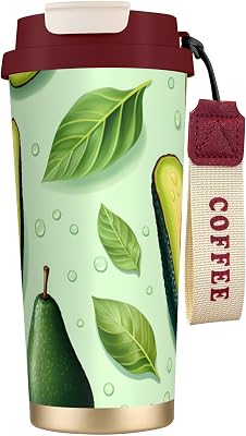 Avocado Leaves Double Wall Vacuum Insulated Coffee Tumbler Summer Fruit 316 Stainless Steel Travel Mug with Handle and Straw Leakproof Coffee Cup for Tea Iced Drinks Black
