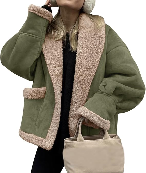 Women Oversized Sherpa Lined Leather Jacket Faux Suede Plus Size Winter Coats Warm Fleece Jackets Parka Pea Coat