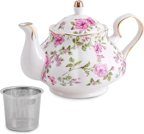 Small Ceramic Floral Teapot,22oz Tea Pot with Infuser for Blooming and Loose Tea, Coffee,milk(Pink and purple flowers, With tea strainer)