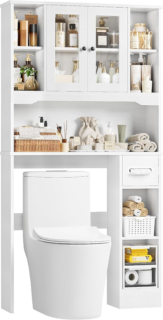 FOREHILL Tall Bathroom Cabinet Over Toilet Storage Unit with Tissue Box | Washing Machine Cabinet with Adjustable Shelf, Soft-close Hinges, 2 Doors, 7 Open Compartments 89 x 20 x 173cm White