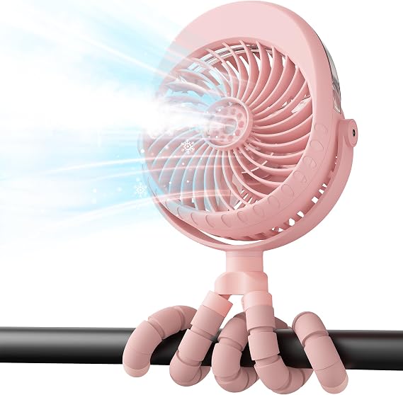 AMACOOL Portable Misting Stroller Fan, Rechargeable Mister Fan with Water Spray, 270Pivoting, Flexible Tripod Clip on Mist Cooling Fans for Disney Travel Beach Outdoor Car Seat Treadmill Golf Cart
