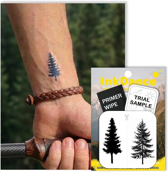 Semi-Permanent Tattoo, Tiny Pine Tree, Long Lasting Temporary Tattoos, Waterproof Plant-Based Ink, Lasts 1-2 Weeks, Color Develops in 24 Hours MNF173, Set of 2