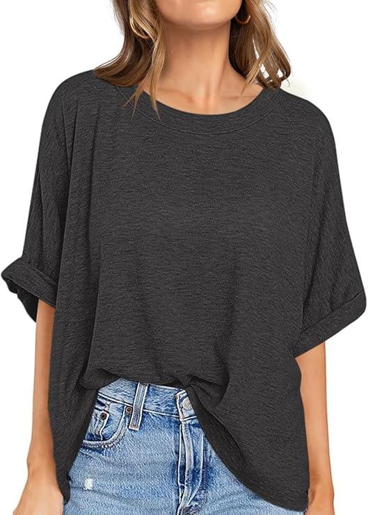 UEU Women's Oversized Crewneck T-Shirt Casual Loose Tunic Tops | Soft Lightweight Fabric, Loose Fit Rolled Sleeve, Basic Tops Workout Gym Tee Shirt