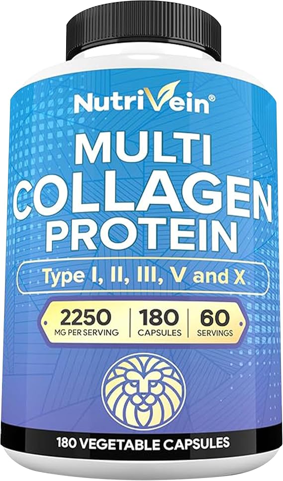 Nutrivein Multi Collagen Peptides Pills 2250 mg - 180 Capsules, 5 Types | Types I, II, III, V, X hydrolyzed peptides for women and men. Supports hair, skin, nails, joints, bones, and healthy aging.