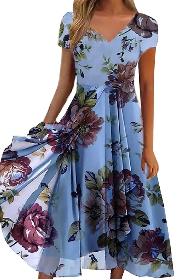 Summer Dress Women's Lightweight Long V-Neck Beach Dress Casual Chiffon Dresses Loose Short Sleeve Casual Dress Elegant A-line Midi Dress Loose Casual Long Teenager Girls Summer Light Summer Dresses