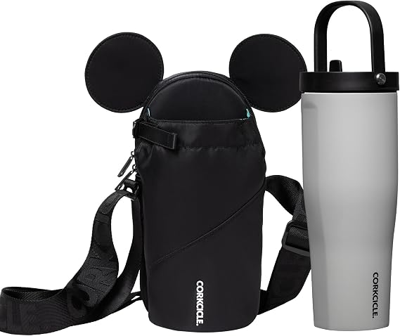 Corkcicle x Disney Mickey Mouse Black Crossbody Water Bottle Sling Bag & River Rock Go Cup XL Insulated Tumbler -Two Items Holiday Gifts Bundle Set - Water Holder Fits 16-40oz Cup, 30oz Tumbler
