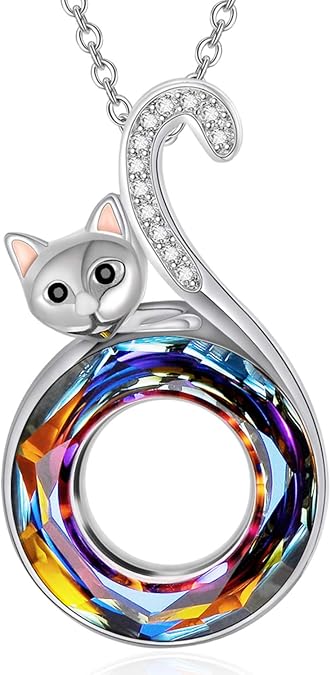 AOBOCO Cat Necklace Sterling Silver Kitty Pendant Embellished with Crystals from Austria,Gifts for Cat Lovers, Fine Jewelry Gifts for Women
