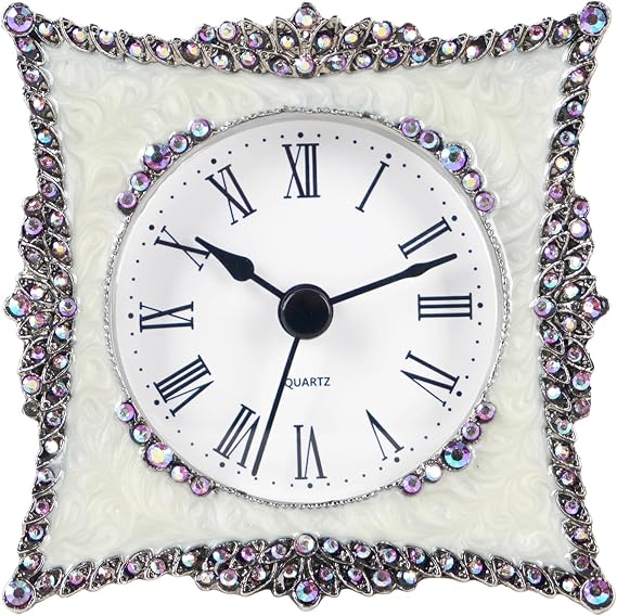 NIKKY HOME Pewter Elegant and Cute Quartz Analog Table Clock with Crystal Rosy Rhinestone 8.8 CM White and Pink