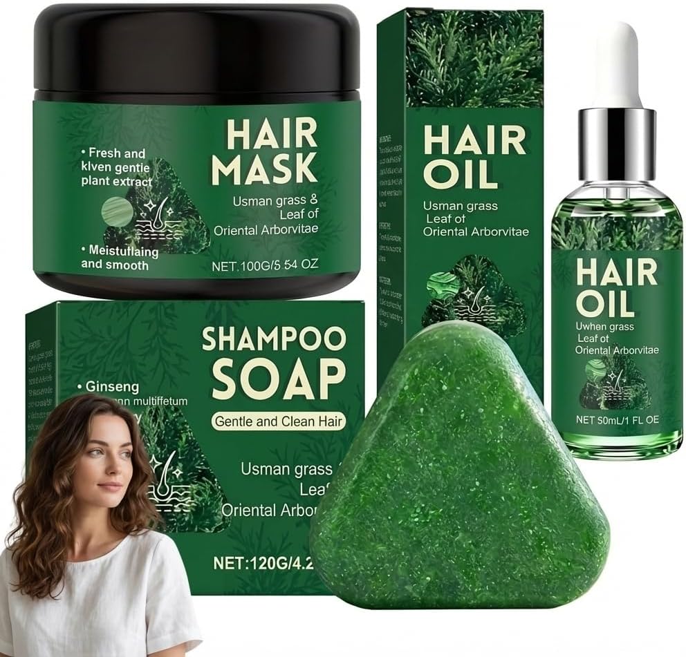 Arborvitae Leaf Hair Care Set Hair Oil Shampoo Bar Hairs mask Set, Natural Usman Grass Shampoo Soap And Hairs Mask Kit, Hydrating Nourishing Scalp And Hair Treatment Care Kit for Dry Damaged