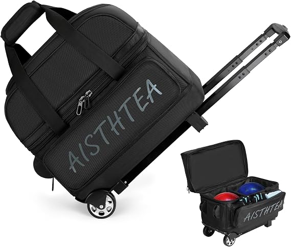 2 Ball Bowling Bag with Wheels, Bowling Bags 2 Ball Roller - 1680D Reinforced Oxford, Bowling Ball Bag with Separate Shoe Compartment & Retractable Handle Extends to 40''