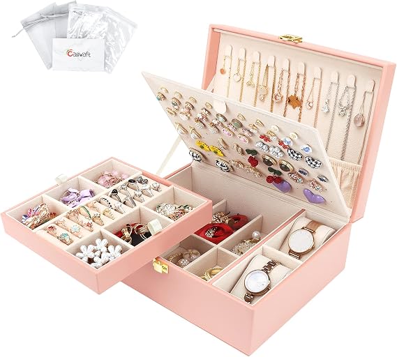Jewellery Box Organiser for Necklaces Earrings Bracelets Rings Watches, 2 layer Large PU Leather Travel Jewelry Storage Case with Removable Tray and Large Stud Plate, Pink