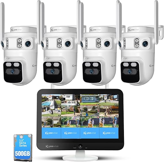 yeewise Triple Lens Wireless Security Camera System with 12" Monitor, 180 Wide View + 360 PTZ AI Tracking, WiFi 6, 16CH NVR, 24/7 Recording, 500GB HDD, No Monthly Fee, Plug-in Power