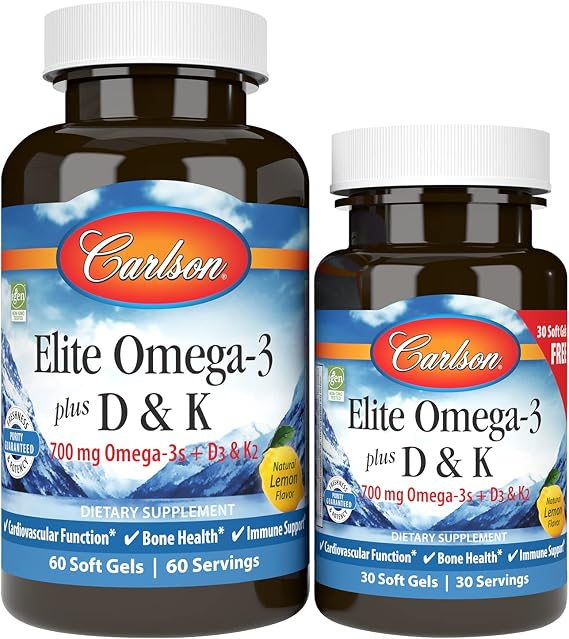 Carlson Elite Omega-3 Plus D & K, 700 mg, Omega-3s, Lemon, 60 + 30 Softgels | plus Vitamin D3 and K2 as MK-7