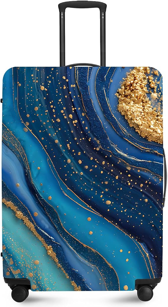 FOREVER QUEEN Luxury Golden Blue Marble Luggage Cover Suitcase Protector Suitcase Cover Anti-Scratch,Stretchable Bag Cover Washable Durable Polyester
