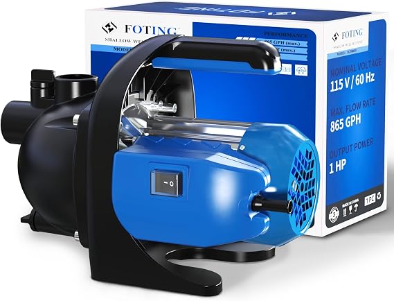 FOTING 1HP Shallow Well Pump, 865GPH Jet Pumps Garden Pump, Water Transfer Draining Irrigation Pumps, Water Booster Jet Pump Stainless Steel for Home Garden Lawn Farm, Blue