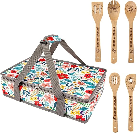 Pioneer Woman Style Insulated Casserole Carrier with 5 Wooden Spoons Set, Thermal Food Bag for Hot/Cold Food, Fits 9"x13" Baking Pan, Floral Kitchen Stuff Birthday Gift for Wife, Mother's Day.6 PCS
