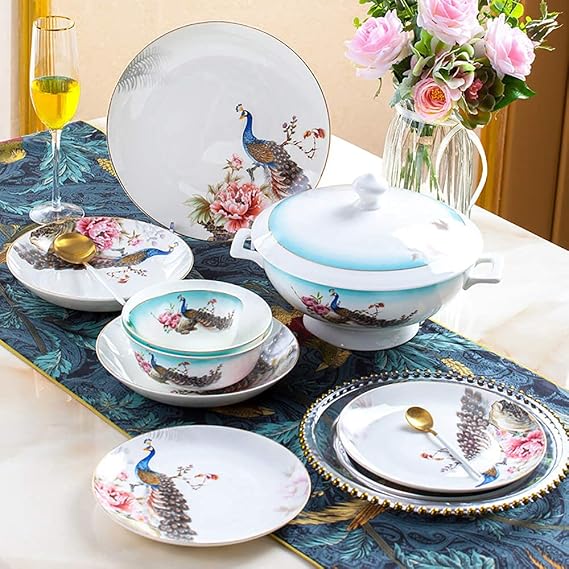 60 Piece Fine Bone China Dinnerware Sets, Kitchen Home Durable Plates Dishes Bowls Soup Pot Service for 10,