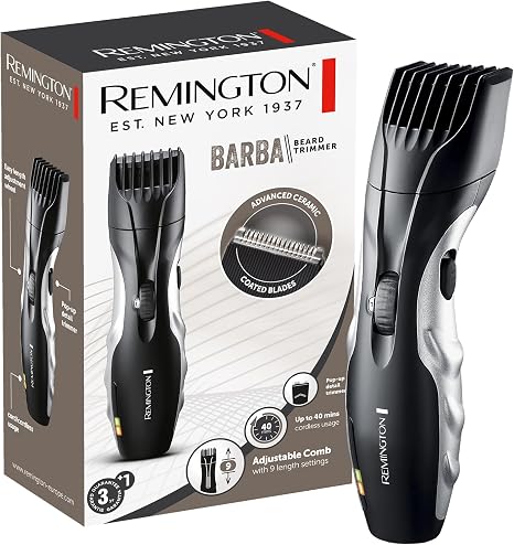 Remington Barttrimmer Herren [selbstschärf. Keramik Klingen/04-18mm] Bartschneider Set (Einstellrad mit 9 Längeneinstellungen ab 15mm Netz-/Akkubetrieb LED Ladeanzeige Langhaarschneider) MB320C