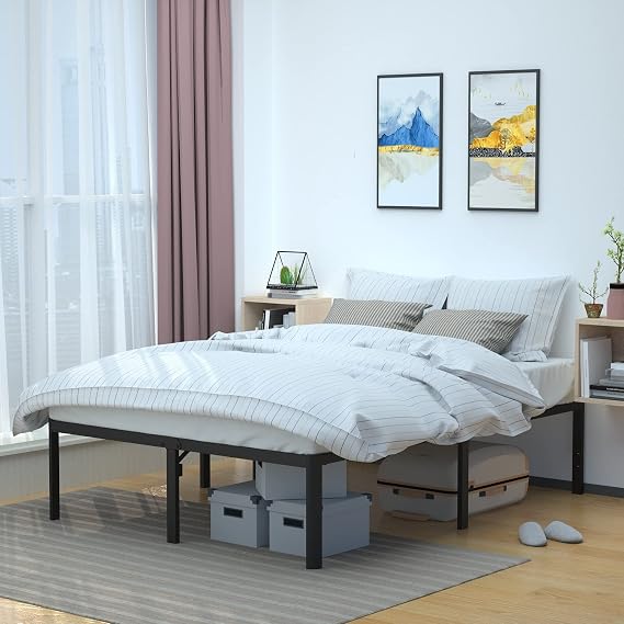 Amazon Basics Sturdy Heavy-Duty Non-Slip Platform Bed Frame, Steel Slat Support, Noise Free, No Box Spring Needed, Under Bed Storage, 18 Inch, King Size, Black