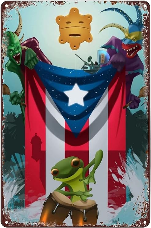 SREELEATHERS Vintage Metal Signs - Frog Tin Sign Puerto Rico Flag Patriotic Poster Wall Art Decor Plaque 8x12 inch