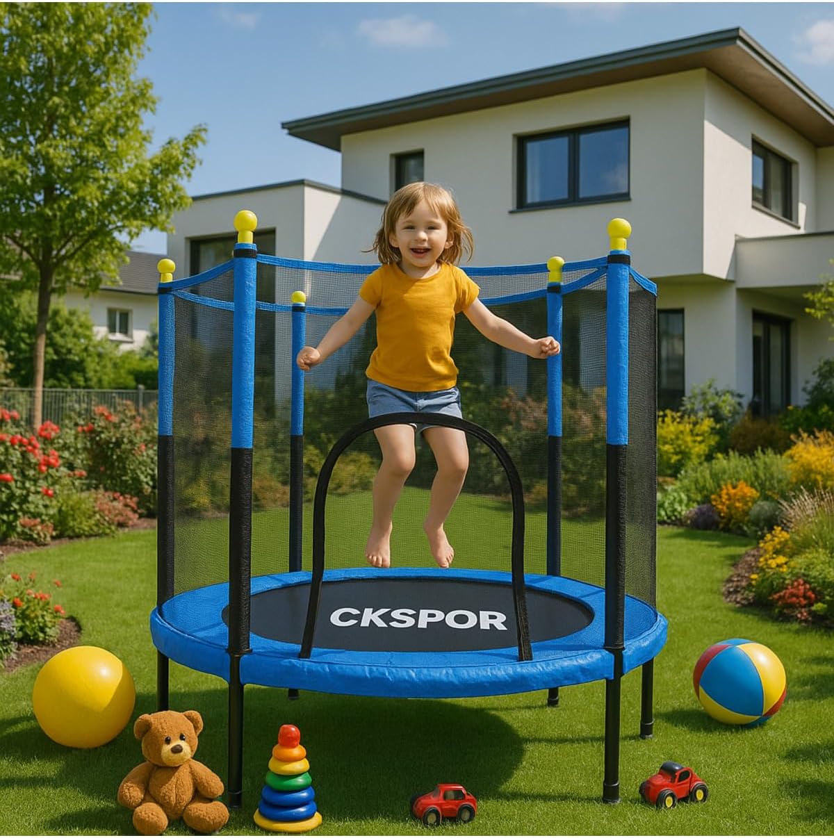 Fileli Büyük Boy Trambolin, 140 cm Çap, Korumalı, Kolay Kurulum, Mavi